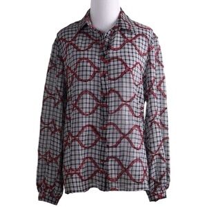 Sheer Gingham Check Plaid Button Down Shirt Blouse